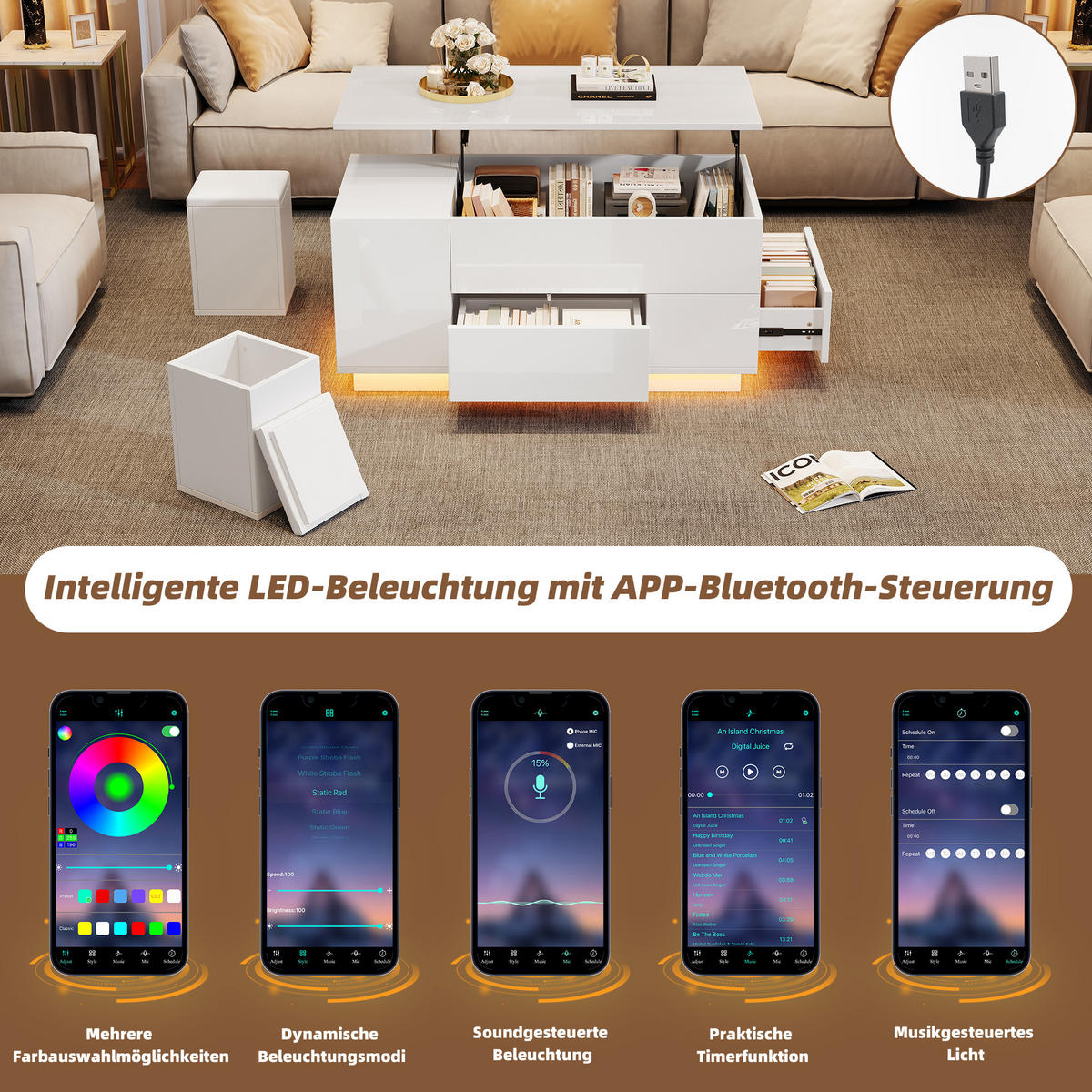 COUCHTISCH DE-042 Lift LED 3-tlg. Weiß - Weiß, Holzwerkstoff (50/100/45cm) - ComfortXL