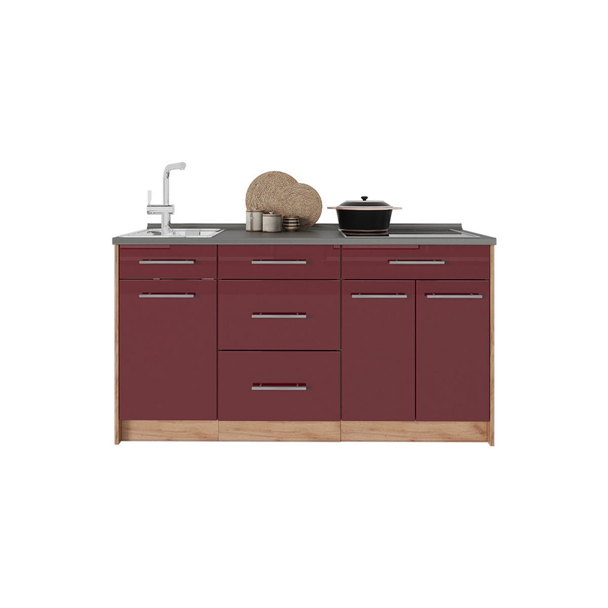 KUCHYNSKÝ BLOK Fame-Line, Bordeaux vysoký lesk, 150 cm, AP Oak - bordová/dub medový, kompozitné drevo (150/82/60cm) - Vicco