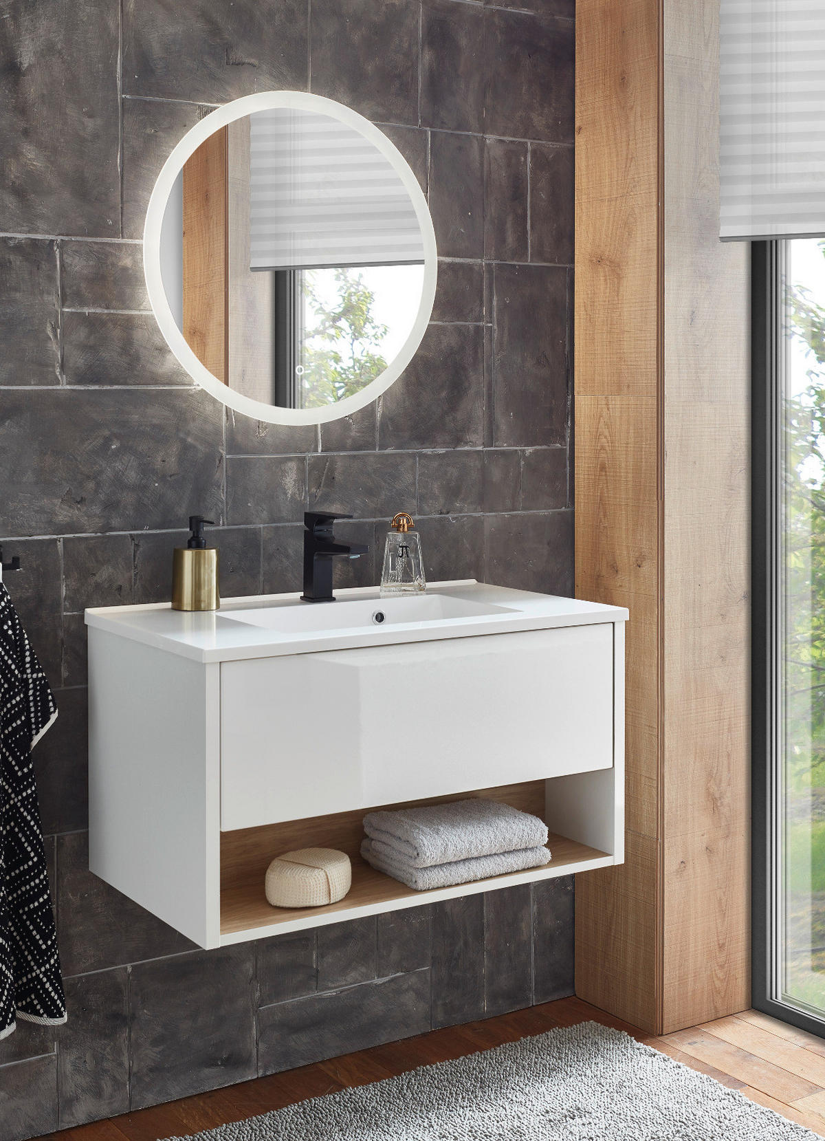 BADMÖBEL-SET weiß Hochglanz, Eiche 80 cm 2-teilig mit Waschbecken und LED Beleuchtung - Weiß Hochglanz/Eichefarben, Glas/Holzwerkstoff (80/190/47cm) - Furn.Design