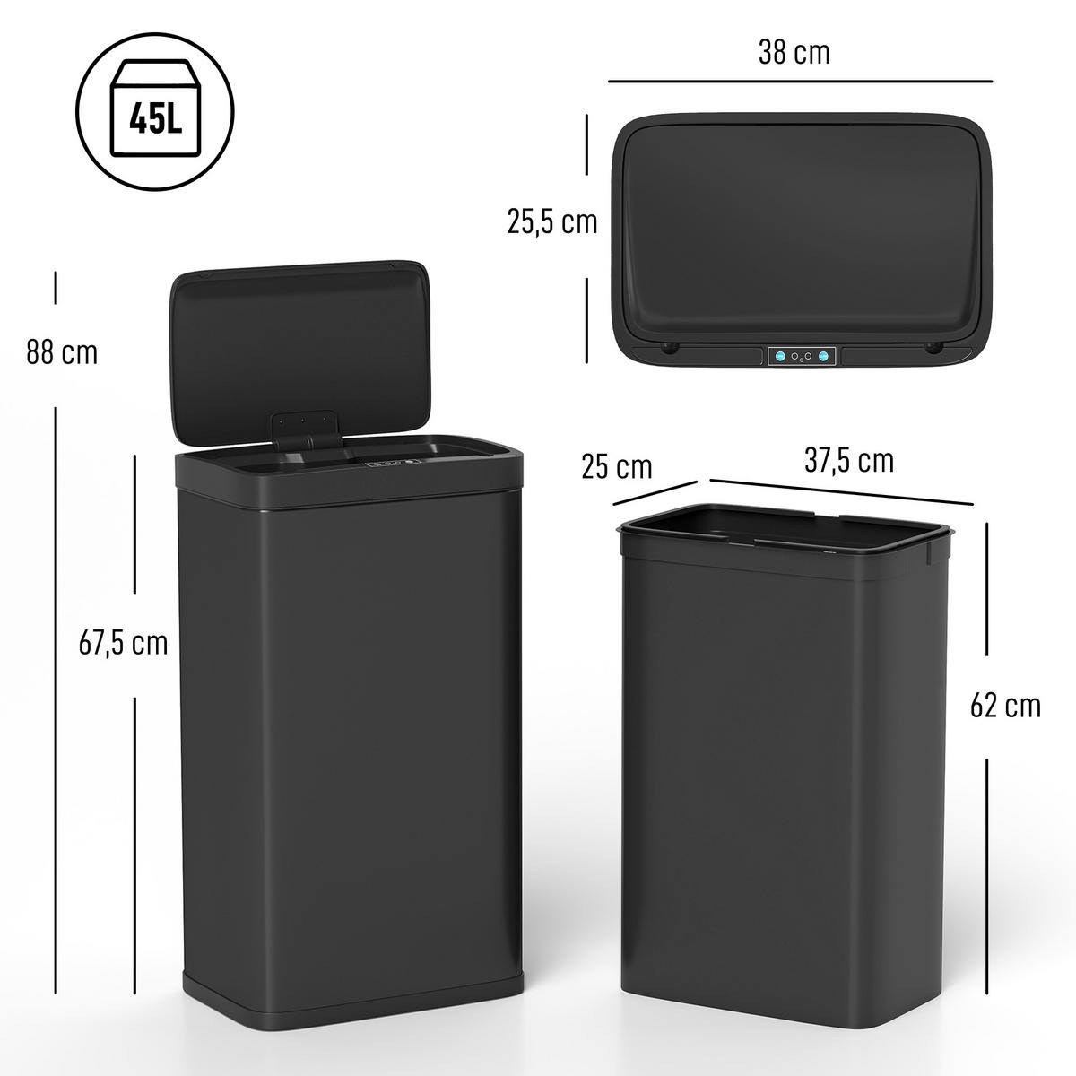 MÜLLEIMER 45L mit Infrarotsensor und Soft-Close Schwarz 38/25,5/67,5 cm - Schwarz, Metall (25.5/67.5/38cm) - Rolipo