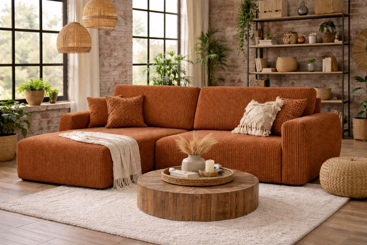 ECKSOFA Mit Schlaffunktion Ariel L, Cordstoff, Stoff Poso, Kupfer, Links - Orange, Holz (250/142cm) - Kaiser Möbel