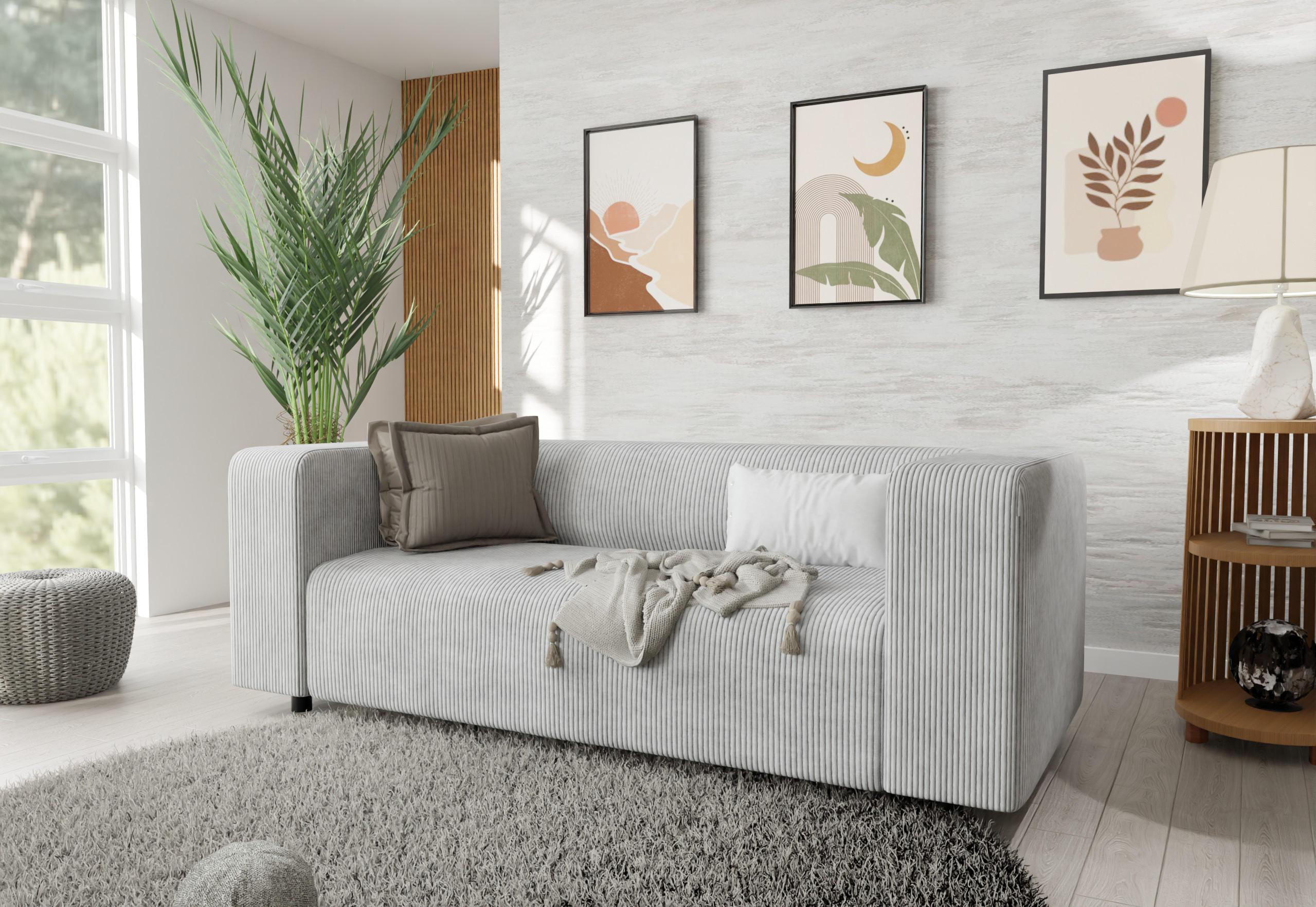 Thumbnail - S-Style Möbel Sitzgarnitur, Hellgrau, Textil, Echtholz, Teilmassiv,Buche, Birke, 3-Sitzer, Füllung: Schaumstoff, 151x65x...