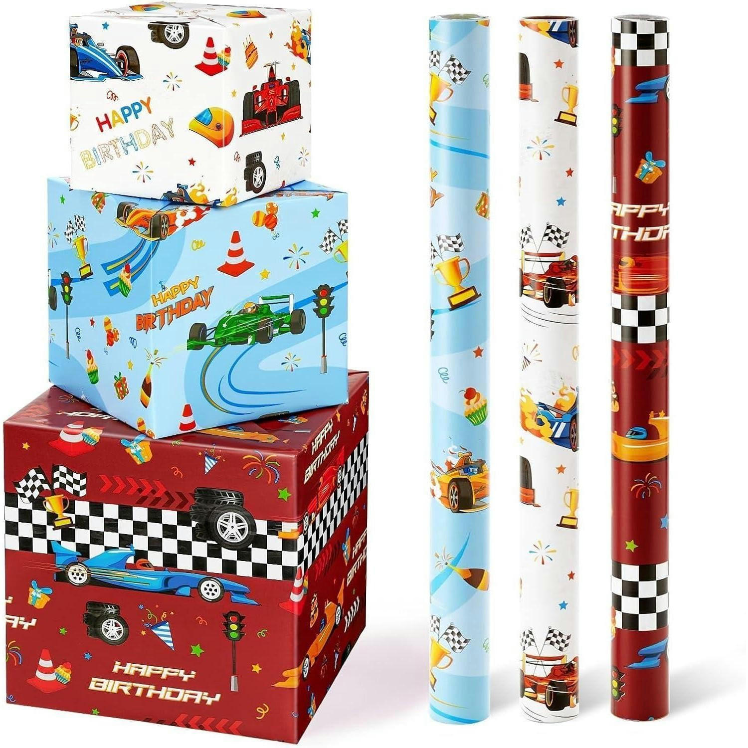 GESCHENKPAPIER 3er Set Rennauto 43 cm x 3 m - Multicolor, Papier (0.1/0.1/0.1cm)