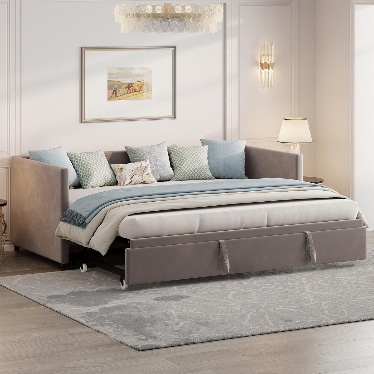 SCHLAFSOFA Samt grau ausziehbar mit Gästebett Funktion 3-fach umwandelbar Tagesbett mit Rollen - Grau, Metall (183/74/213cm) - Joyfair