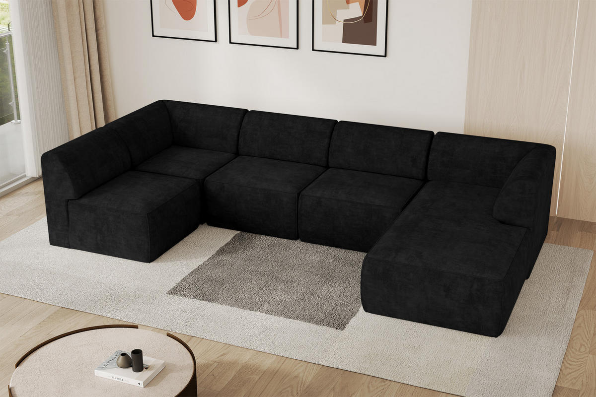 WOHNLANDSCHAFT Ottomane Rechts MOVO-L 345x180x78 cm Schwarz Velours - Schwarz, Holzwerkstoff/Kunststoff (180/78/345cm) - ALTDECOR