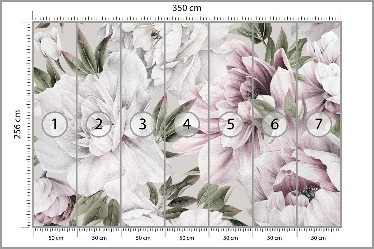 FOTOTAPETE für Schlafzimmer Pastell Pfingstrosen Boho Pflanzen 350x256 - Violett/Rosa, Papier (350/256cm) - Muralo