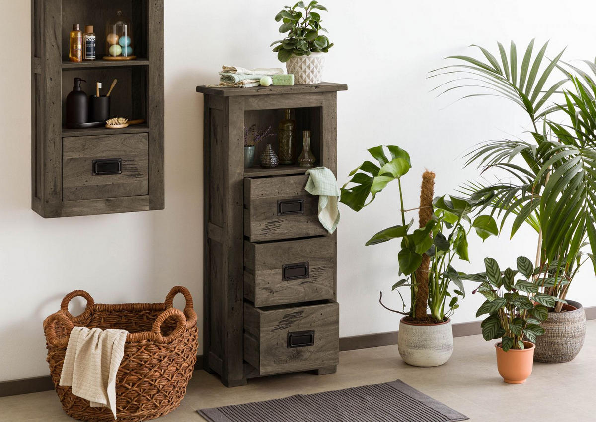 KOMMODE Mango 50x30x120 grau lackiert RAILWAY #281 - Grau, Holz (50/120/30cm) - Massivmoebel24
