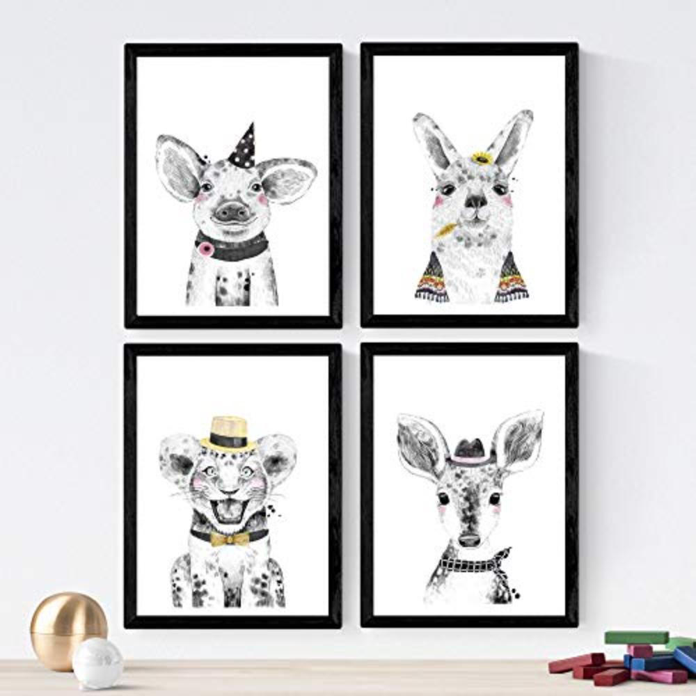 POSTER Set mit 4 „Tiere mit Hüten und Schale“ A3 Rahmenlos - Klar, Papier (29.7/3cm) - Nacnic