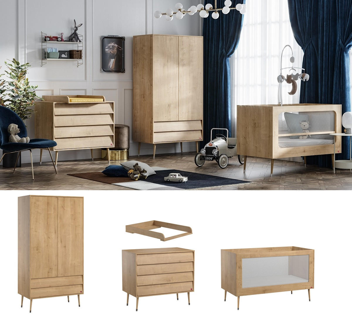 BABYZIMMER Set Bonny - 4-teilig - Eiche - Eichefarben, Holzwerkstoff (100/191/55cm) - QMM TraumMöbel