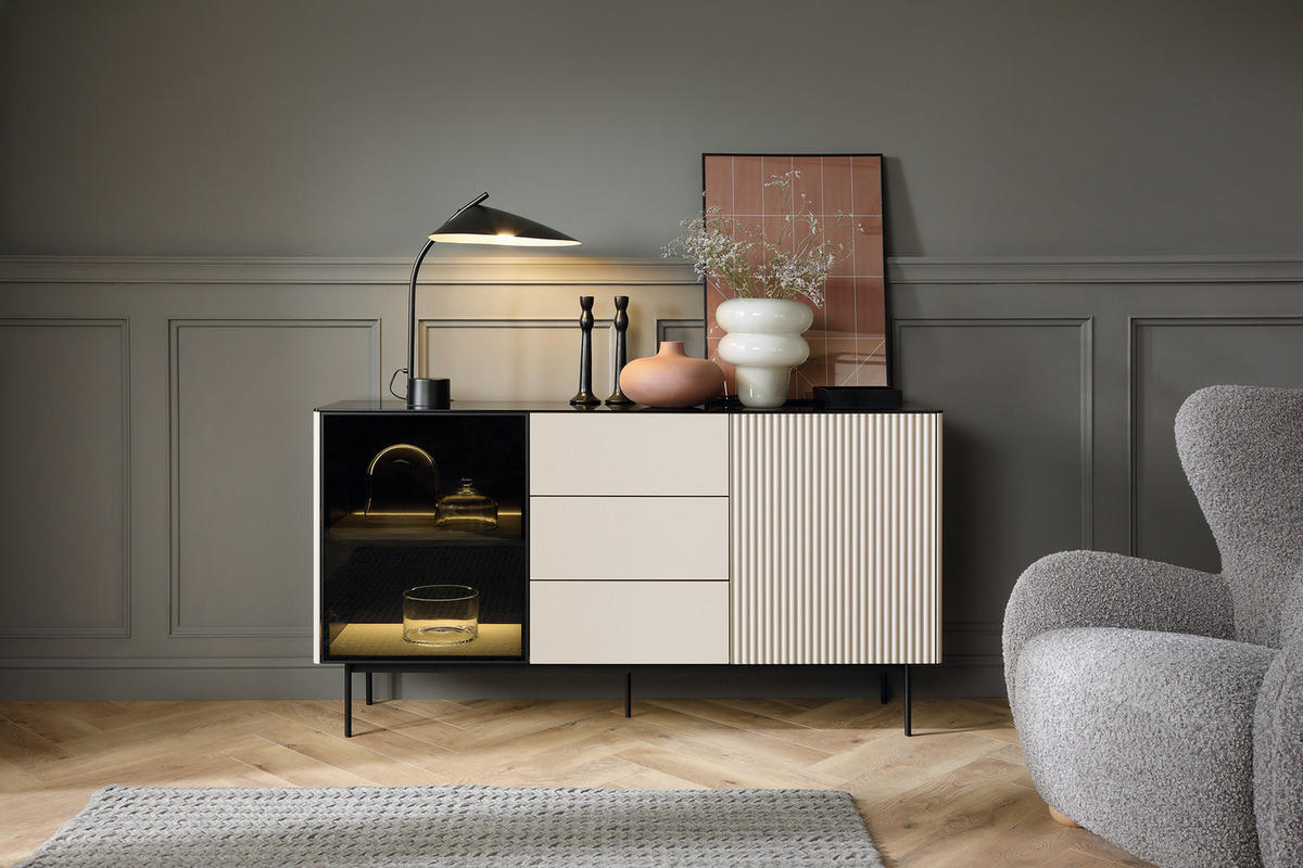SIDEBOARD DIJON KSZ157 157 cm (Kaschmir, Glasplatte, Antisol-Glas, LED) - Kaschmir/Schwarz, Glas/Holz (157/84/39cm) - Ravio