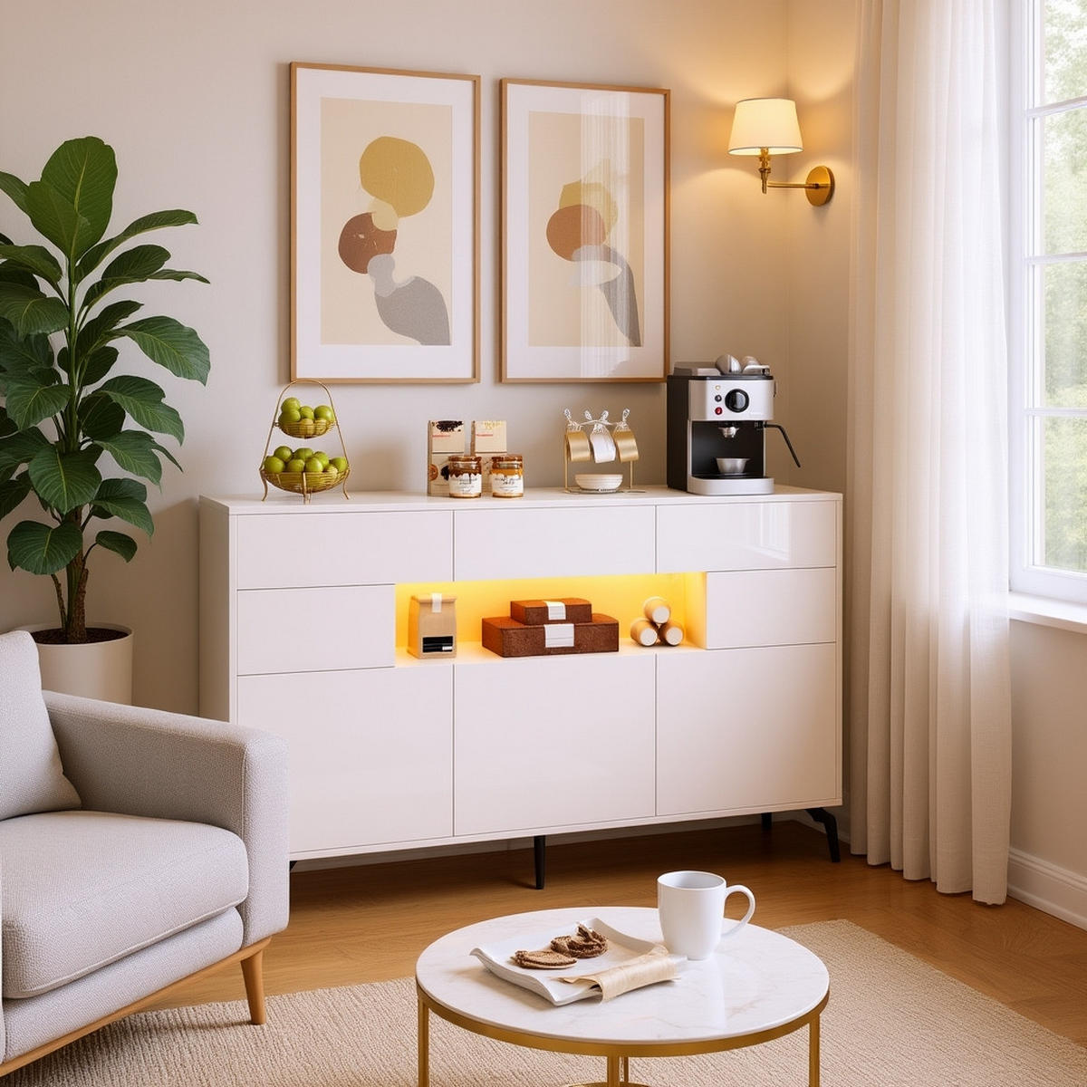 SIDEBOARD 140 cm Hochglanz-Kommode mit 3 Schubladen, 5 Schränken & LED-Lichtleiste Weiß - Weiß Hochglanz, Holzwerkstoff (140/94/30cm) - Urban Meuble