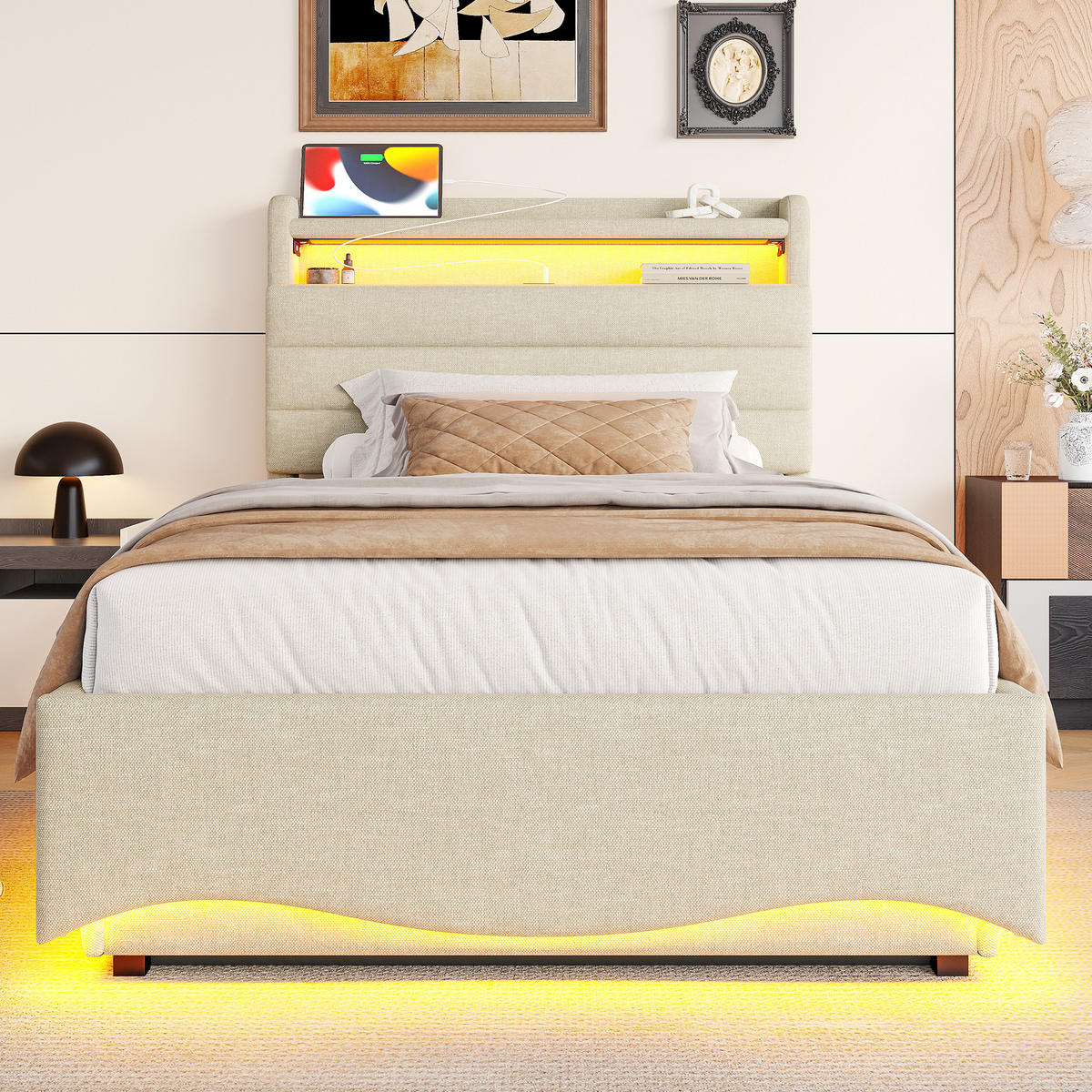 POLSTERBETT 90x200cm Beige LED Hydraulik USB Leinen - Beige, Holz (90/200cm) - FLIEKS