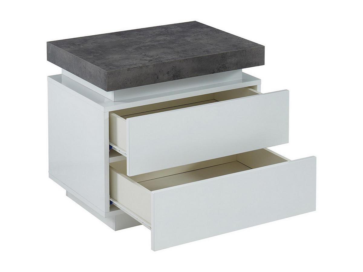NACHTTISCH mit 2 Schubladen & LEDs - MDF lackiert - Weiß & Beton-Optik - HALO II - Grau, Holz (40/50/55cm) - Vente-Unique