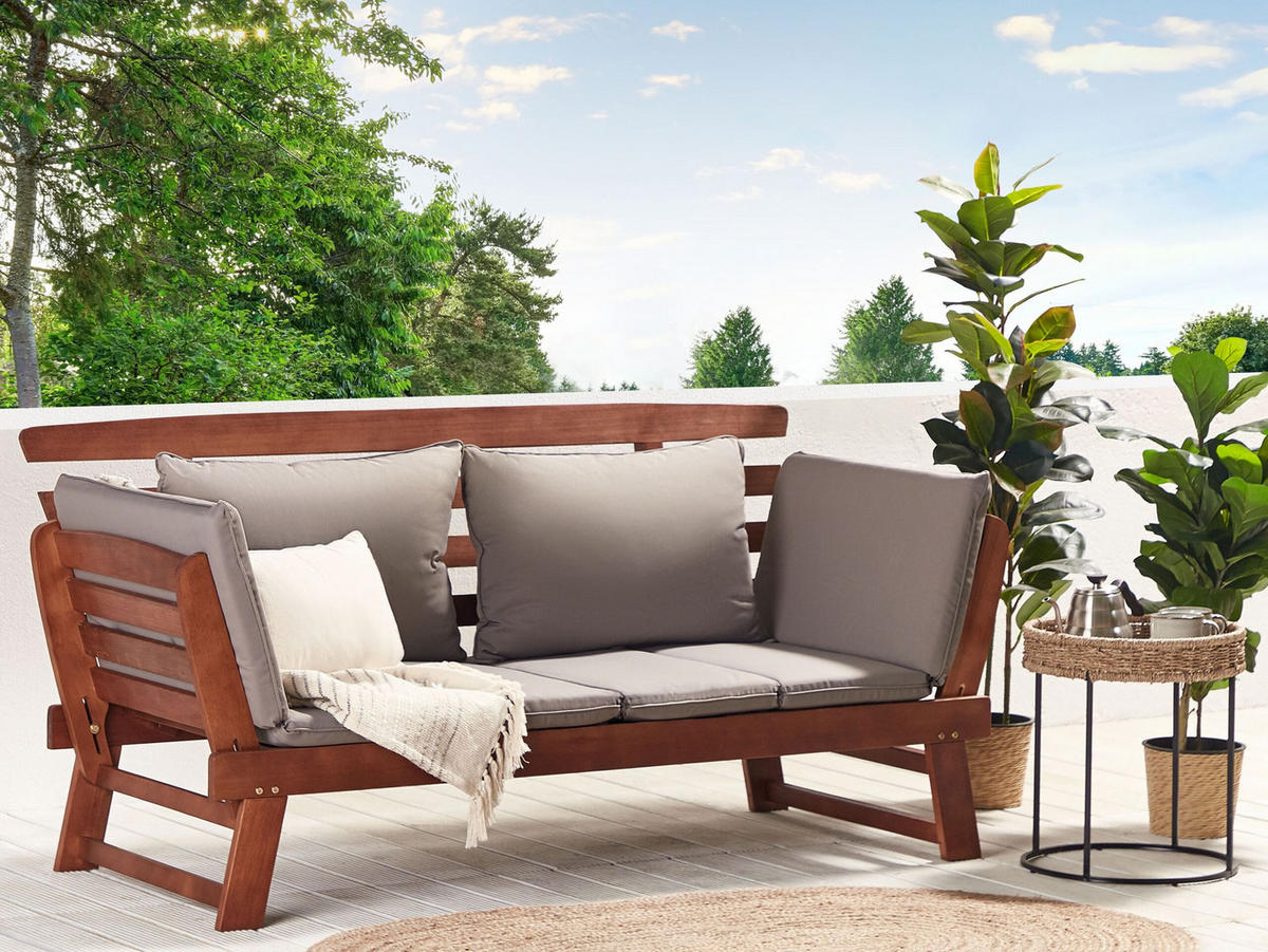 GARTENSOFA Eukalyptusholz dunkelbraun verstellbare Armlehnen 210 cm Portici - Dunkelbraun, Holz (210/82/66cm) - Beliani