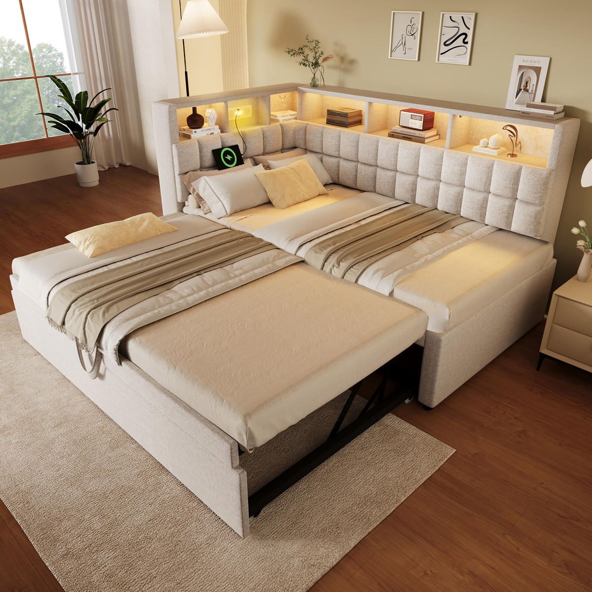 BETT mit Ausziehbett 90x200 cm Leinen Beige - Beige, Metall (90/200cm) - Meubliv