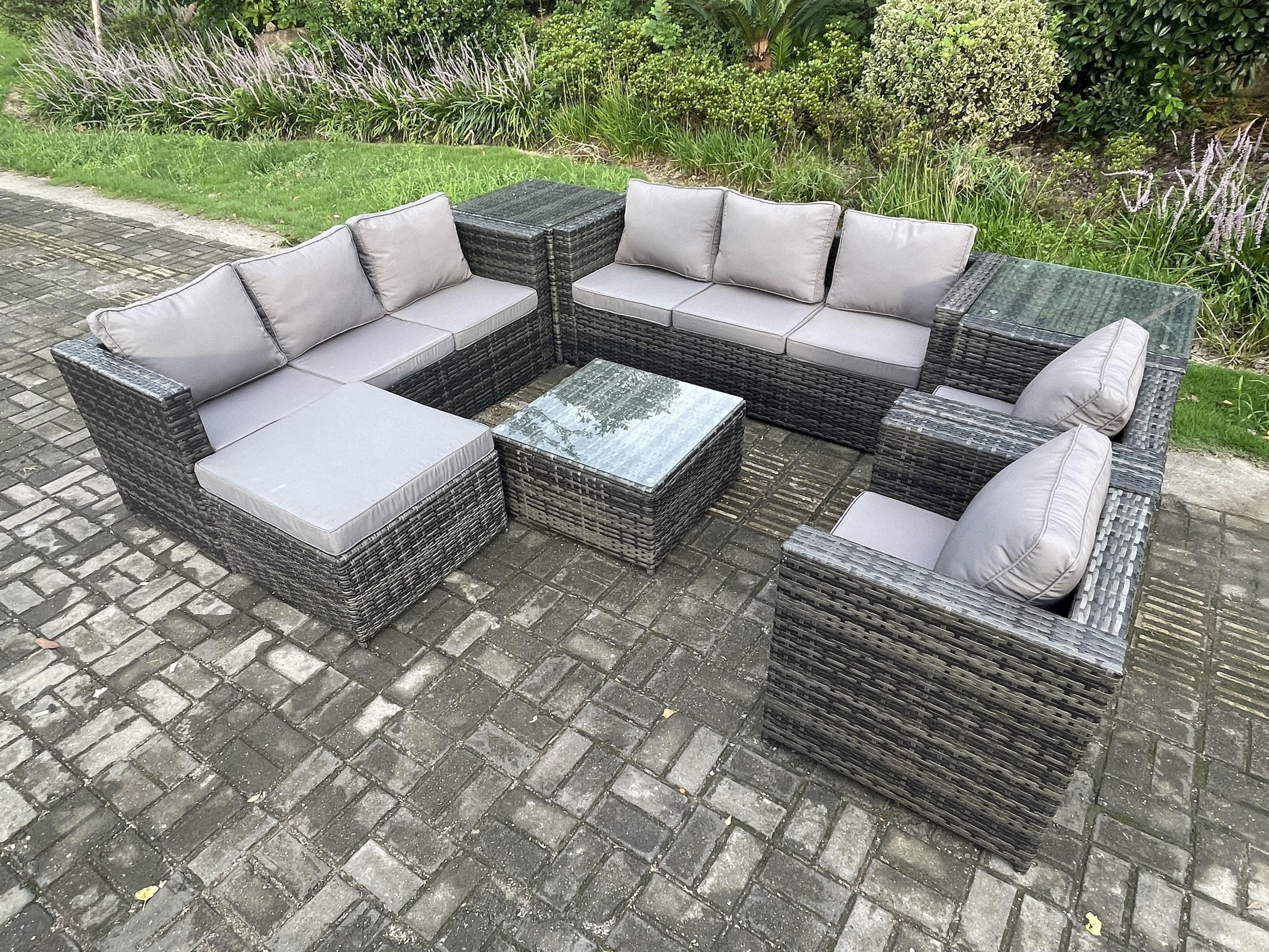 GARTENTISCHGRUPPE Polyrattan 9-Sitzer - Dunkelgrau, Metall - Fimous