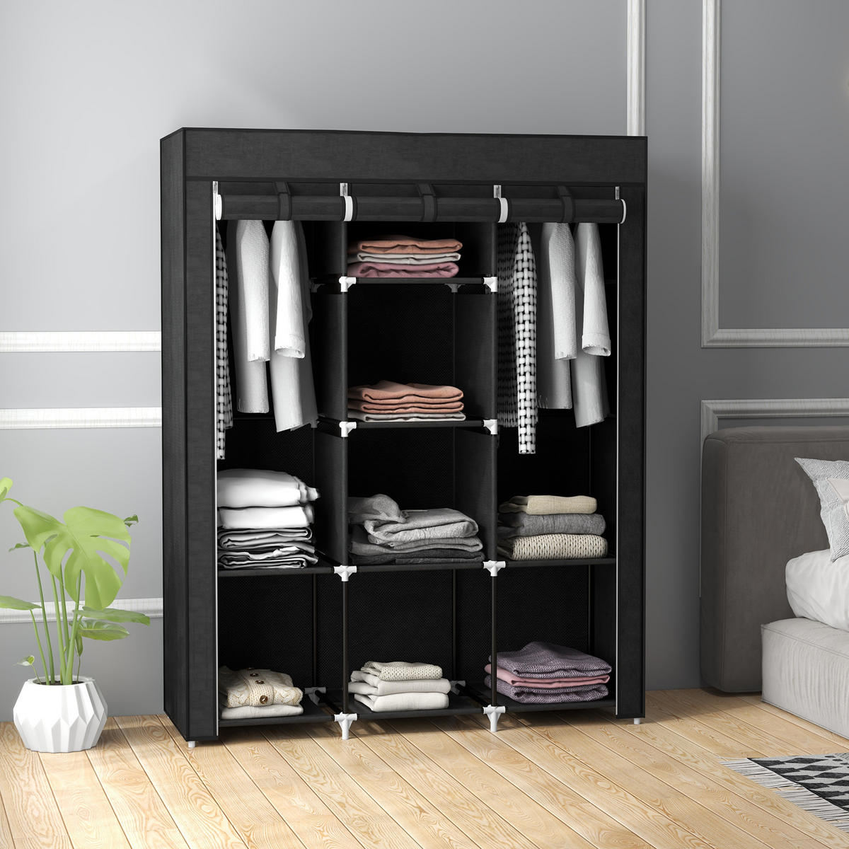 STOFFSCHRANK, Faltschrank, Kleiderschrank mit Kleiderstange, 8 Ebenen Schwarz - Schwarz, Metall (43/162.5/125cm) - HOMCOM