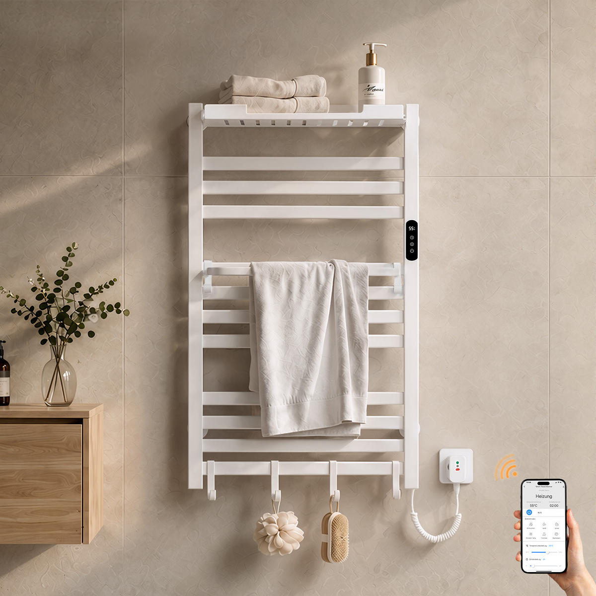 HANDTUCHHEIZKÖRPER 95/60 cm Weiß elektrisch 375 W mit WLAN, Ablage und 6 Haken - Weiß, Metall (60/95/20cm) - S'AFIELINA