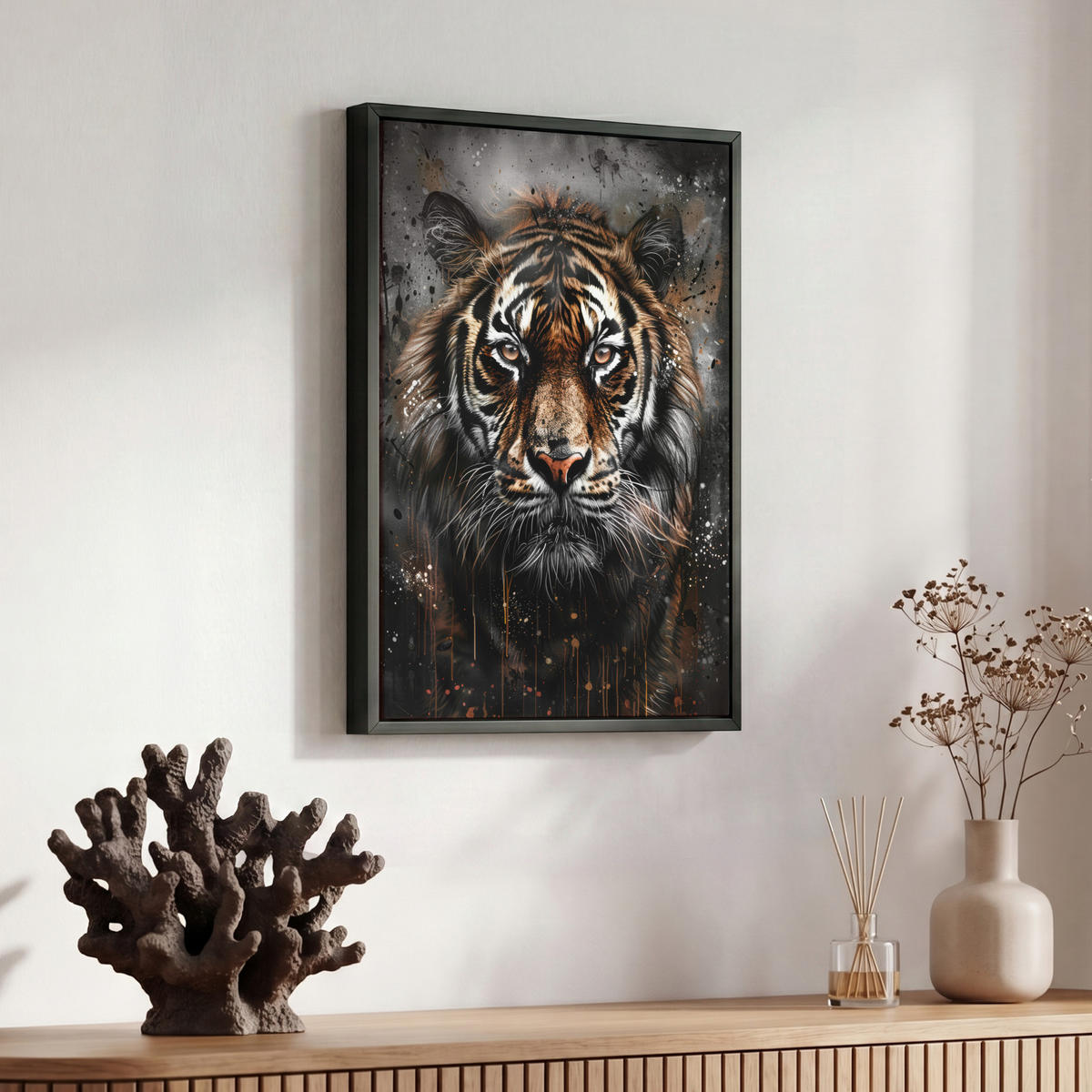 LEINWAND Bilder mit Rahmen - Tiger - Tiere - Porträt - Luxus - Schwarz - 30x40 - Braun, Textil (30/40cm) - MuchoWow