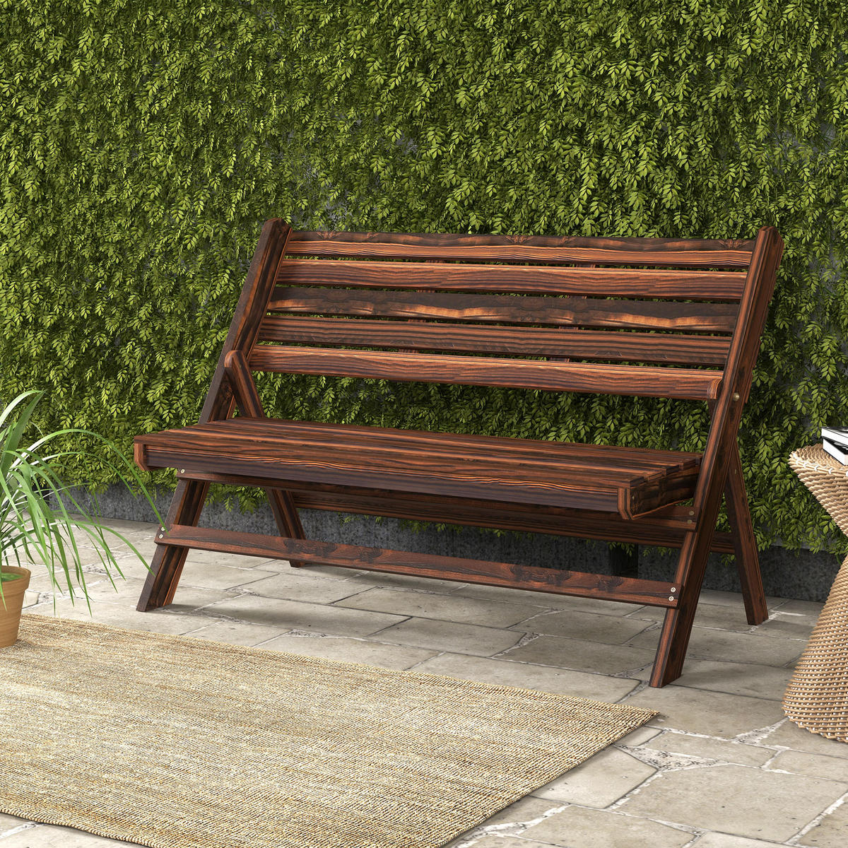 GARTENBANK, 2-Sitzer Sitzbank, Holzbank mit Rückenlehne, für Garten, Balkon, Verkohlt - Dunkelbraun, Holz (63/83/122cm) - Outsunny