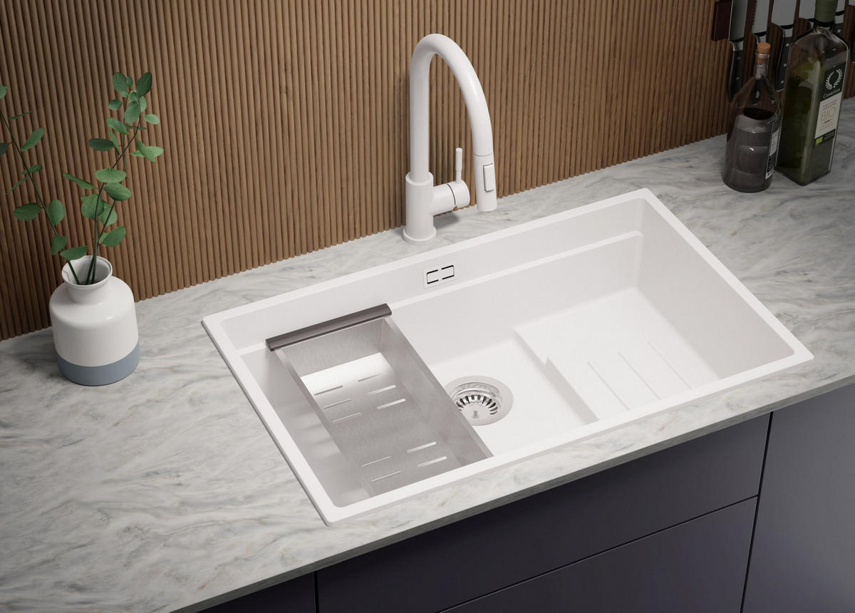 SPÜLBECKEN Praga Slim, 2-er set Weiß 76/47 cm 1 Becken + Ablauf-Set + Aufrollbare Abtropffläche ab 80er Unterschrank - Chromfarben/Weiß, Kunststoff (76/20/47cm) - Primagran