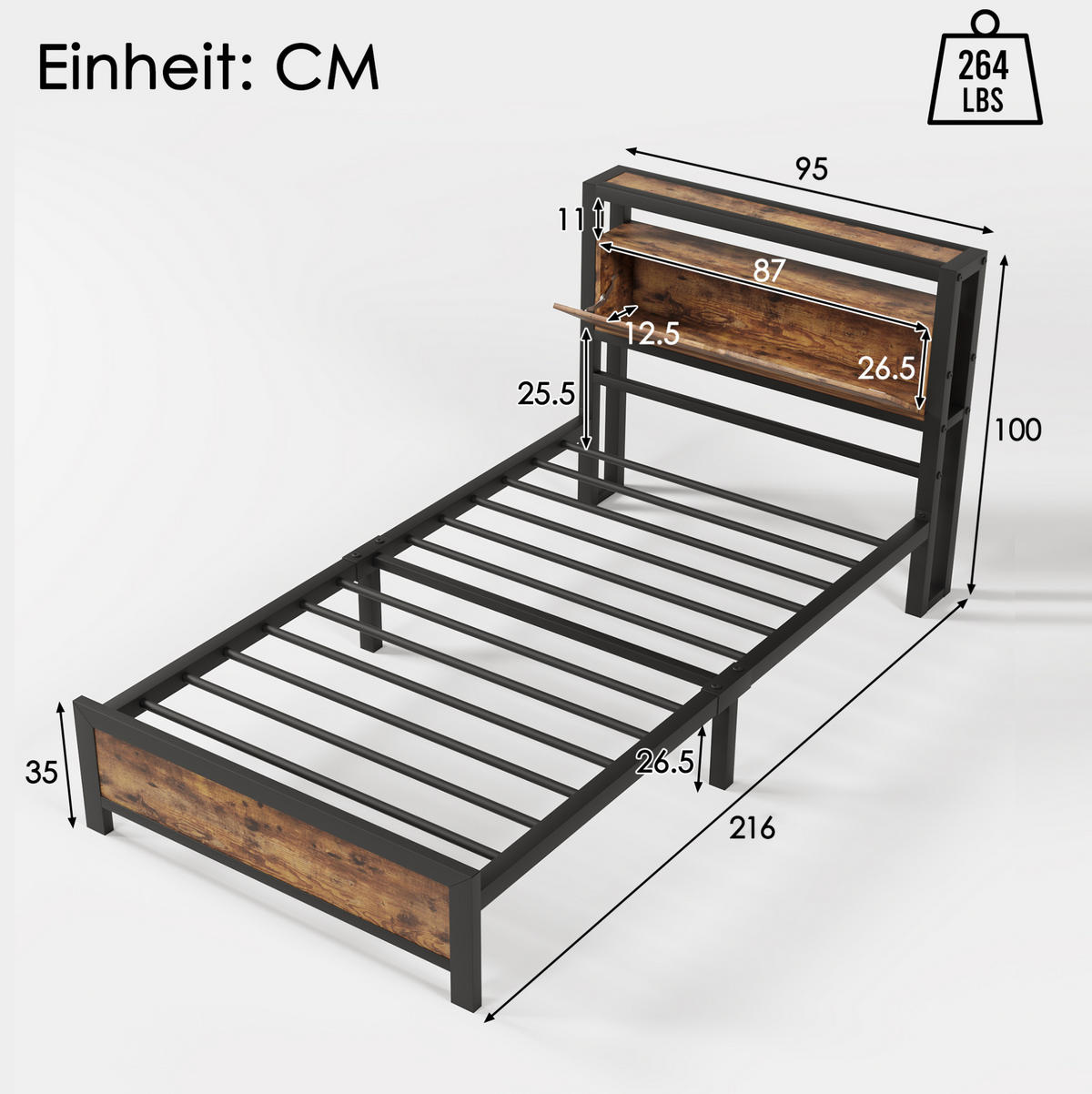 METALLBETT 90/200 cm mit Stauraum-Kopfteil in Natur/Schwarz im Industrial-Stil - Naturfarben, Metall (90/200cm) - Flora Grace