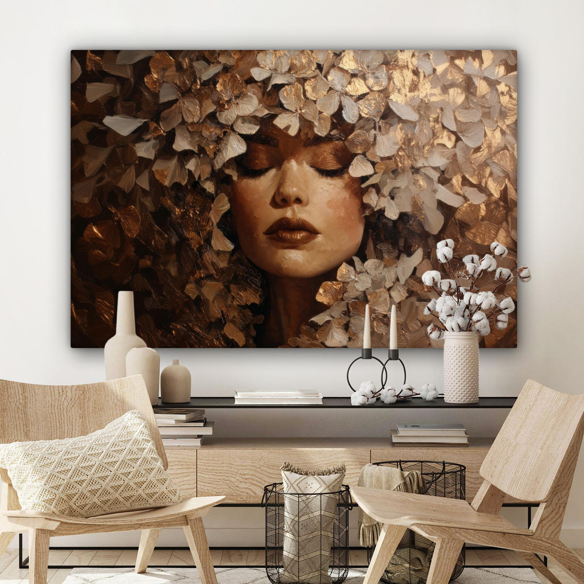 LEINWANDBILD Gesicht - Dame - Blätter - Pinselstriche XXL 150x100 cm - Goldfarben, Textil (150/100cm) - MuchoWow