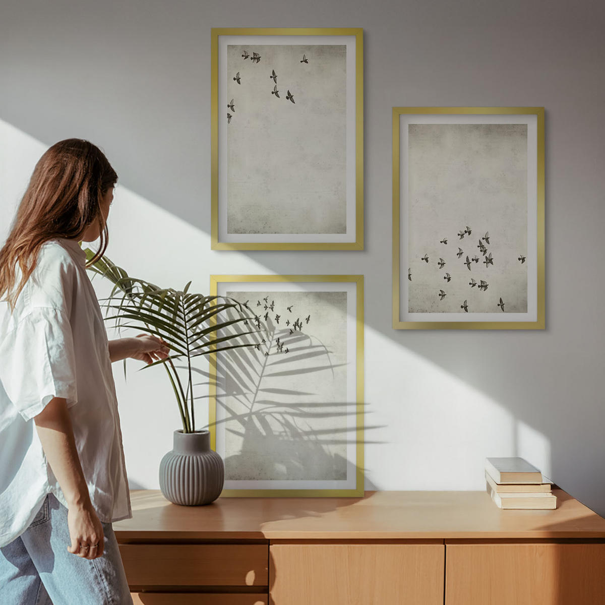 BILDER SET 3er Set - 40x60 cm Goldrahmen - Minimalistische Vogelmalerei - Goldfarben, Kunststoff (40/60cm) - TULUP