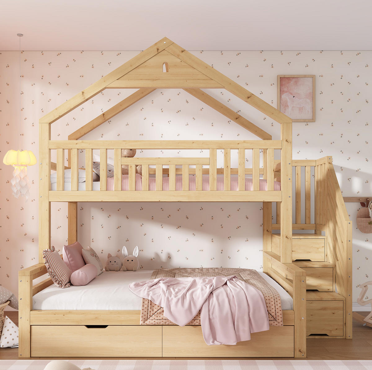 KINDER-ETAGENBETT 90x200 & 140x200 cm in Eichefarben mit Treppenschrank und Schubladen - Eichefarben, Holz (140/200cm) - IVMEU