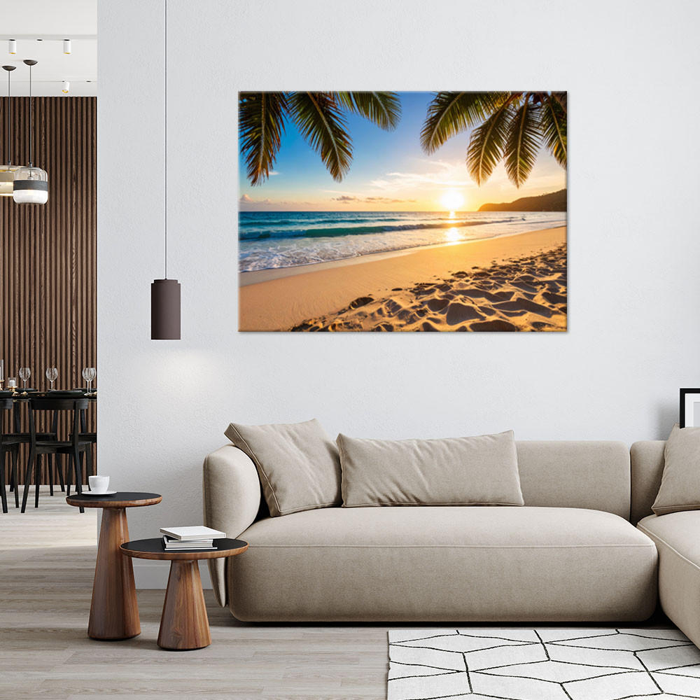 LEINWANDBILD Sonnenuntergang am Strand Palmen 60x40cm - Orange, Textil (60/40cm) - Feeby