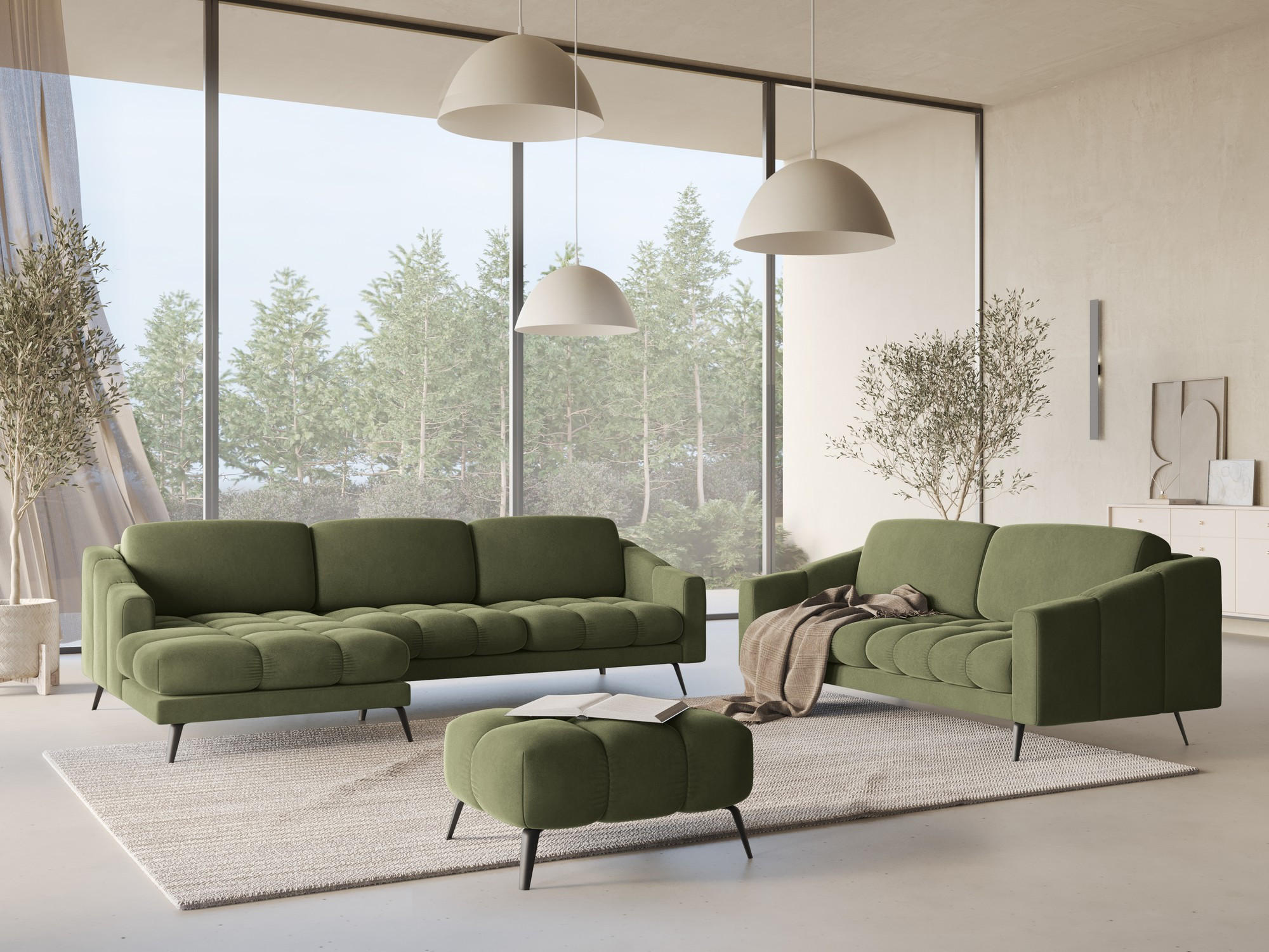 ECKSOFA Links Samt Stoff Grün - Schwarz/Olivgrün, Textil/Metall (160/264cm) - Makamii