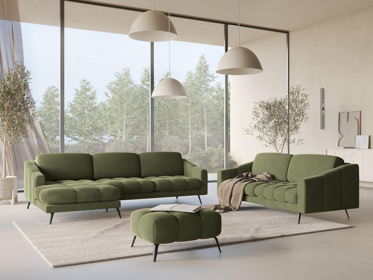 ECKSOFA Links Samt Stoff Grün - Schwarz/Olivgrün, Textil/Metall (160/264cm) - Makamii