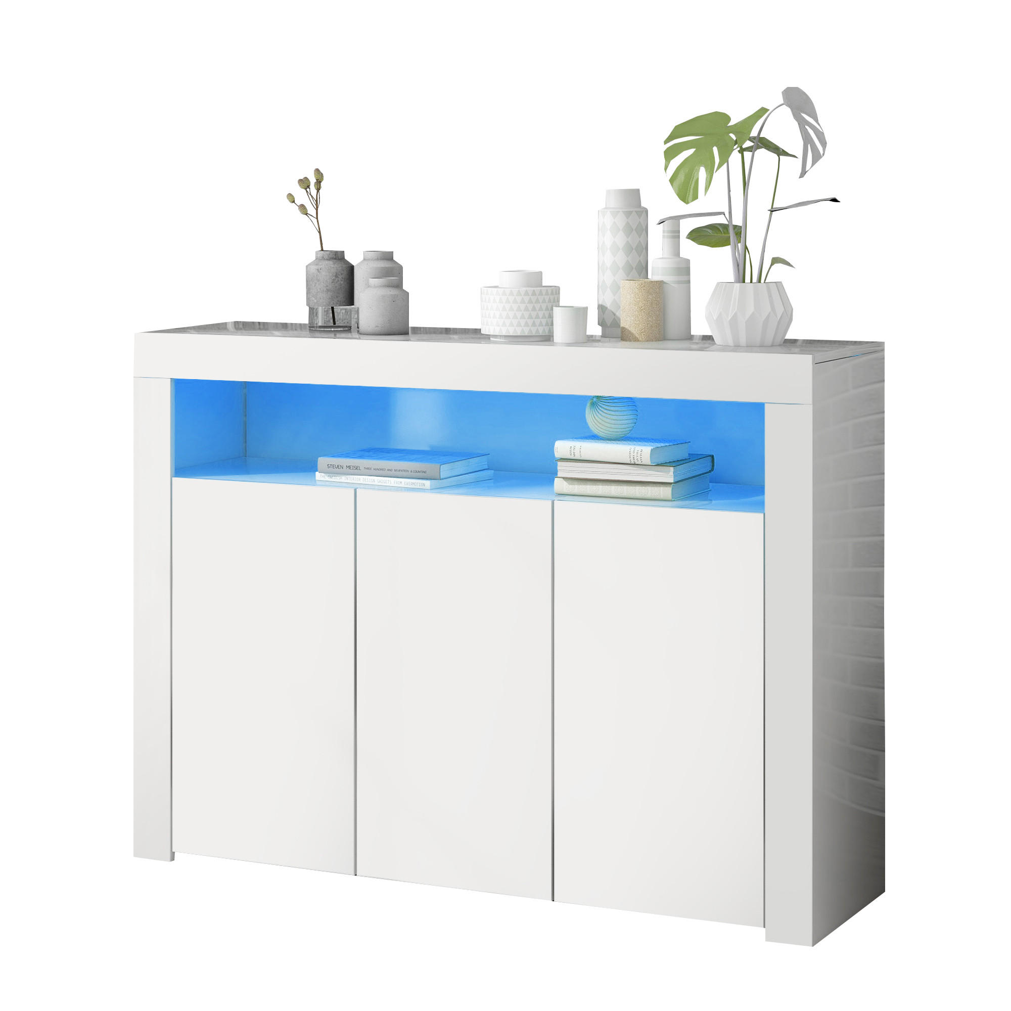 SIDEBOARD 130/35/95 cm in Weiß mit LED-Beleuchtung & Hochglanz-Front - Weiß, Holzwerkstoff (130/95/35cm) - BEAOK