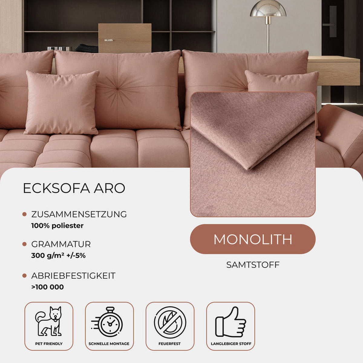 ECKSOFA ARO mit Schlaffunktion und Bettkasten Rosa - Rosa, Holzwerkstoff/Kunststoff (280/190cm) - Idohome