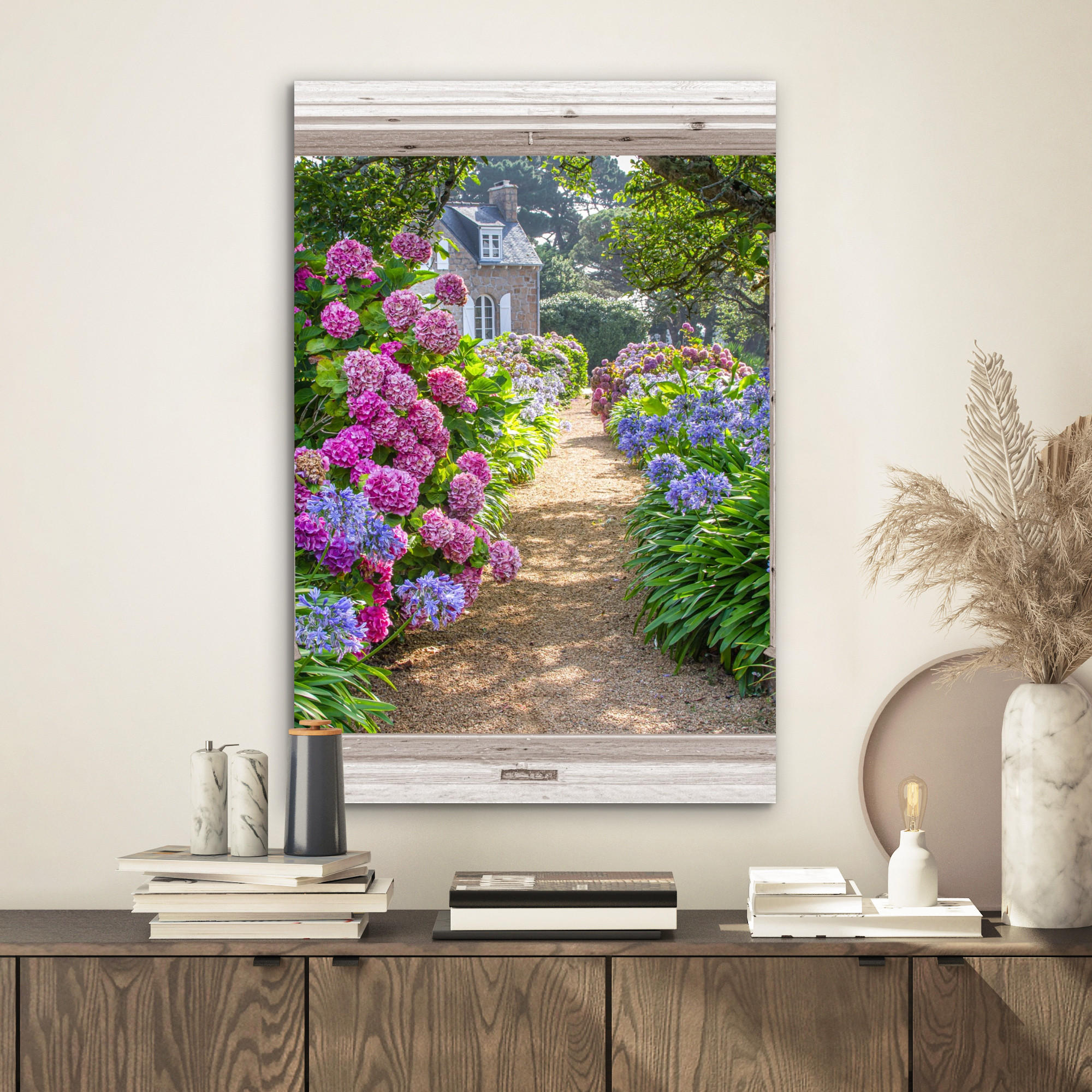 METALLBILD Hortensie - Fensterblick - Blumen - Sommer - Lila - Weg 40x60 cm - Lila, Metall (40/60cm) - MuchoWow