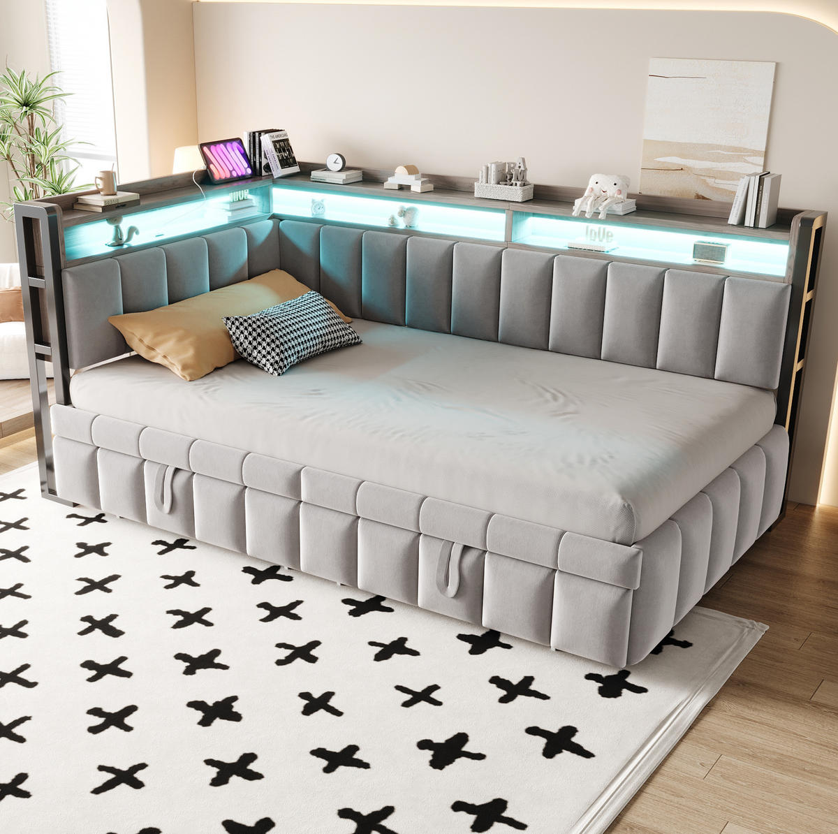 POLSTERBETT 90/200 cm aus Samt mit Ausziehbett LED und USB-Anschluss Hellgrau - Grau, Textil (90/200cm) - Modenvie