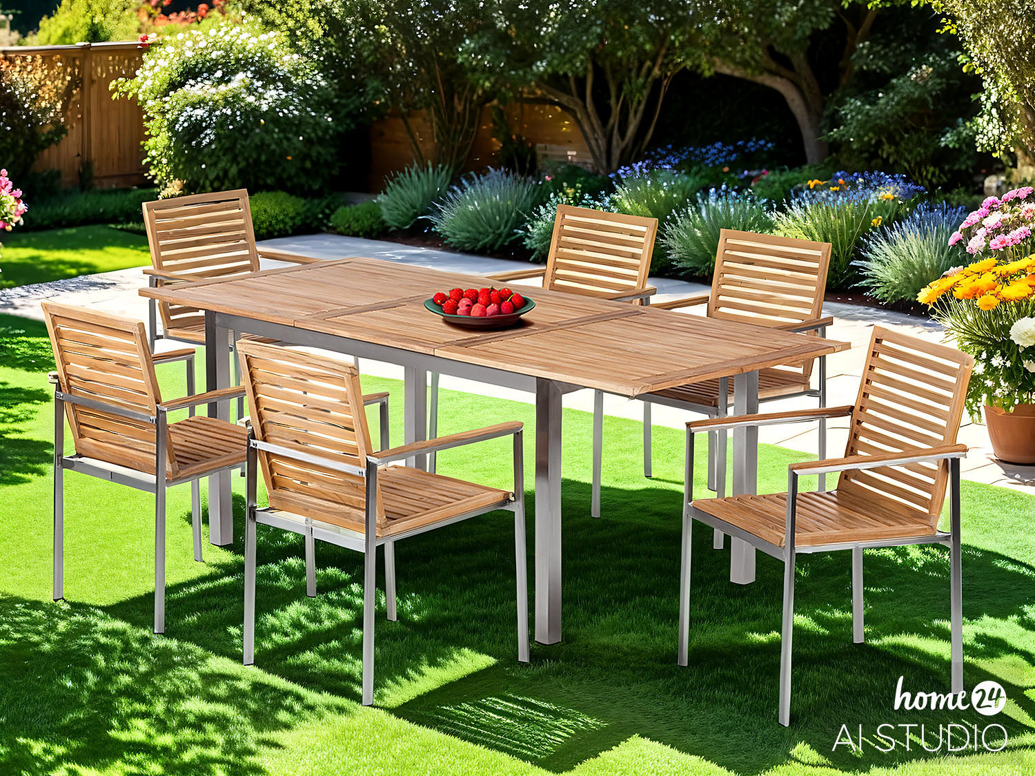 ESSGRUPPE KOMBI A PLUS - 7-teilig - Teak massiv / Edelstahl - Silberfarben/Braun, Holz/Metall - home24