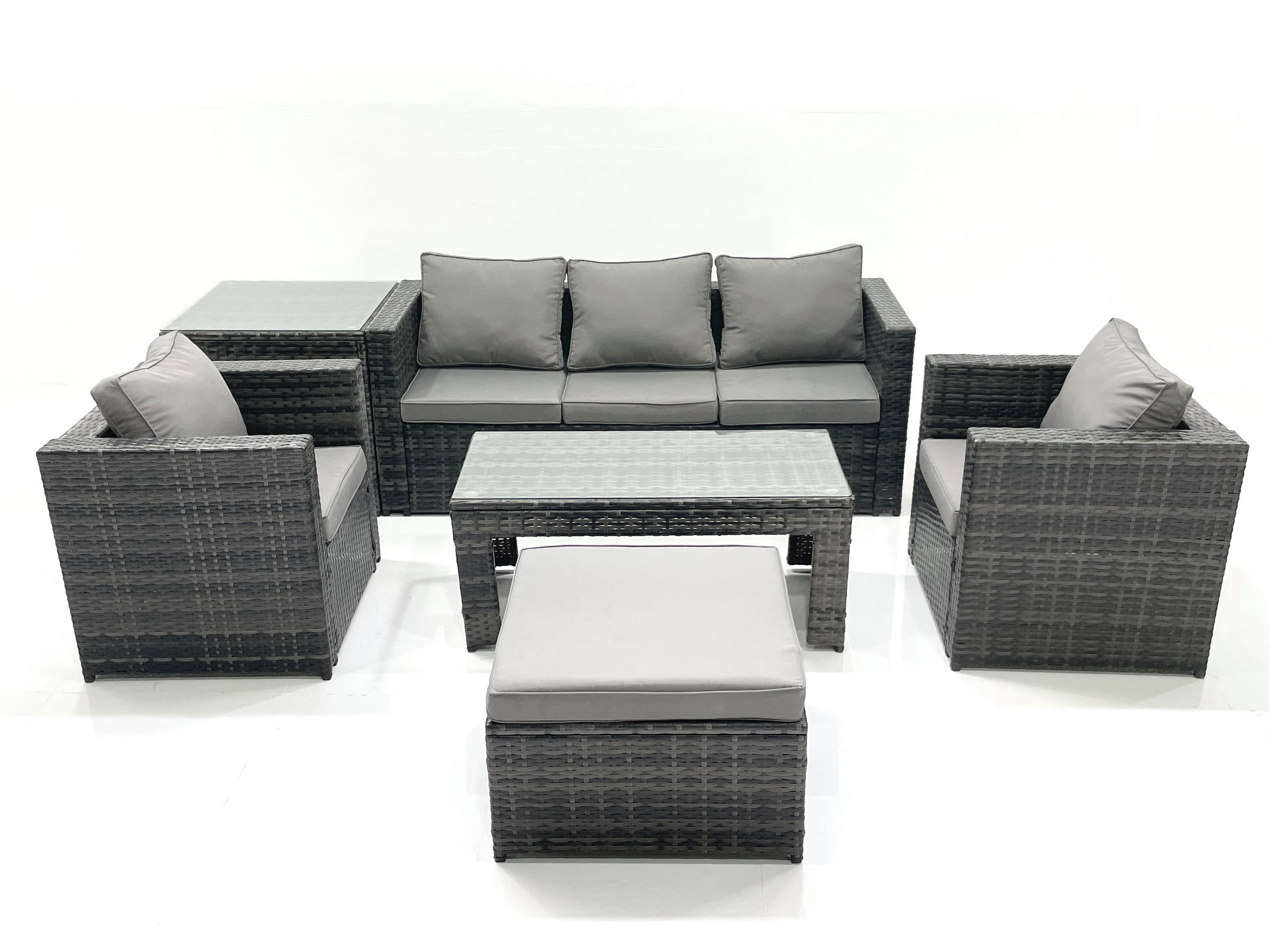 GARTENMÖBEL-SET COUCHTISCH SESSEL SOFA mit HOCKER Polyrattan Dunkelgrau Gemischt 6-Sitzer - Dunkelgrau/Grau, Glas/Kunststoff - Fimous