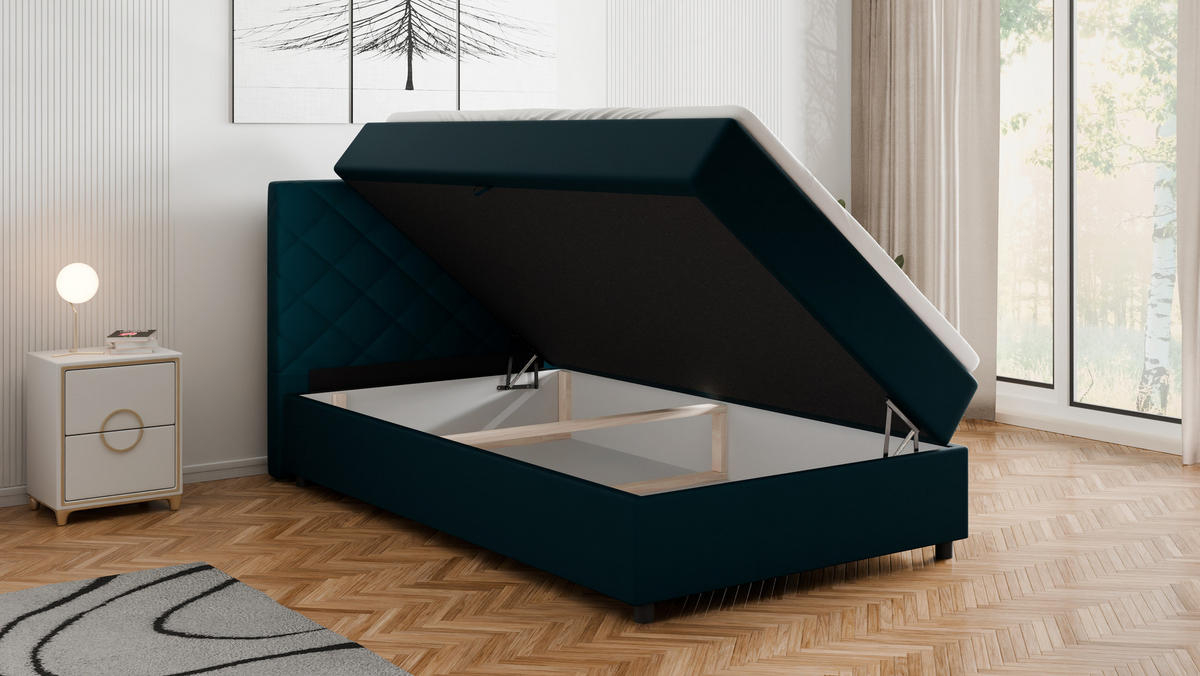 BOXBETT Diamaro 120x200 cm mit Bettkasten und Topper - Dunkeltürkis - Türkis, Holz (120/215cm) - Panda Möbel