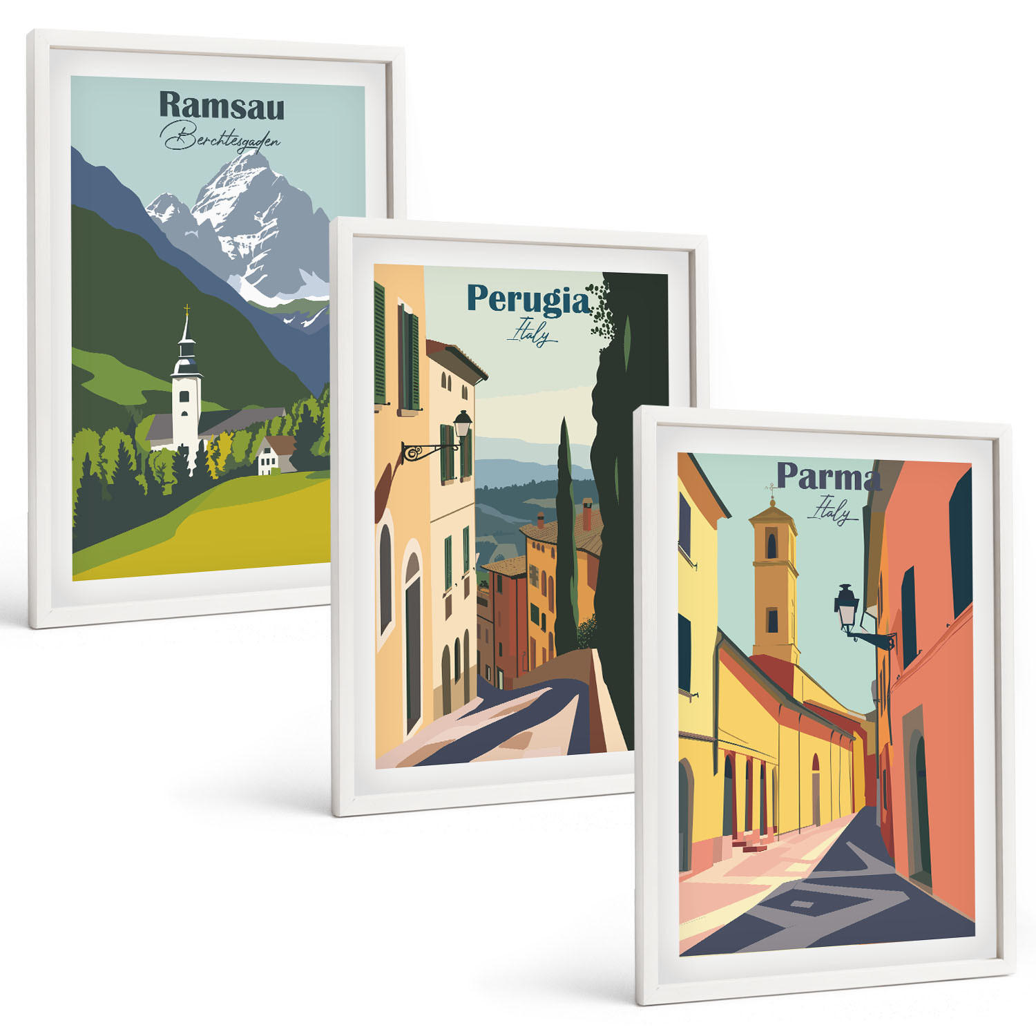 BILDER SET 3er Set - 40x60 cm Weißer Rahmen - Berglandschaften und Italien - Weiß, Kunststoff (40/60cm) - TULUP
