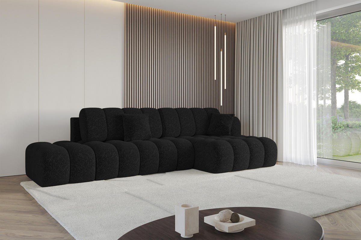 ECKSOFA mit Schlaffunktion Ottomane RECHTS OLEA-L2 321x164x75 Schwarz Tissu - Schwarz Hochglanz/Schwarz, Holzwerkstoff/Kunststoff (164/321cm) - ALTDECOR