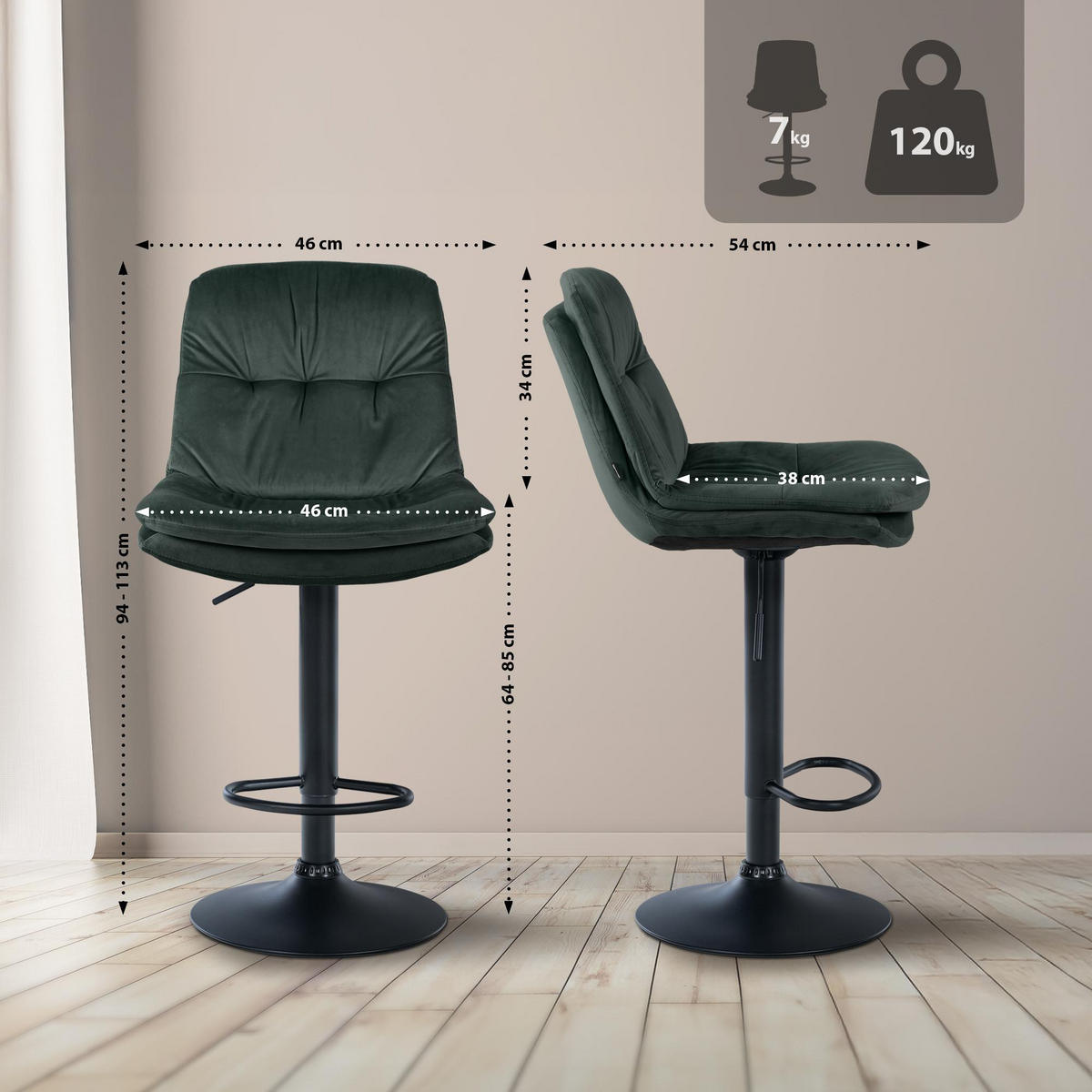 BARHOCKER Samt dunkelgrün - Dunkelgrün/Schwarz, Textil (46/94/54cm) - CLP