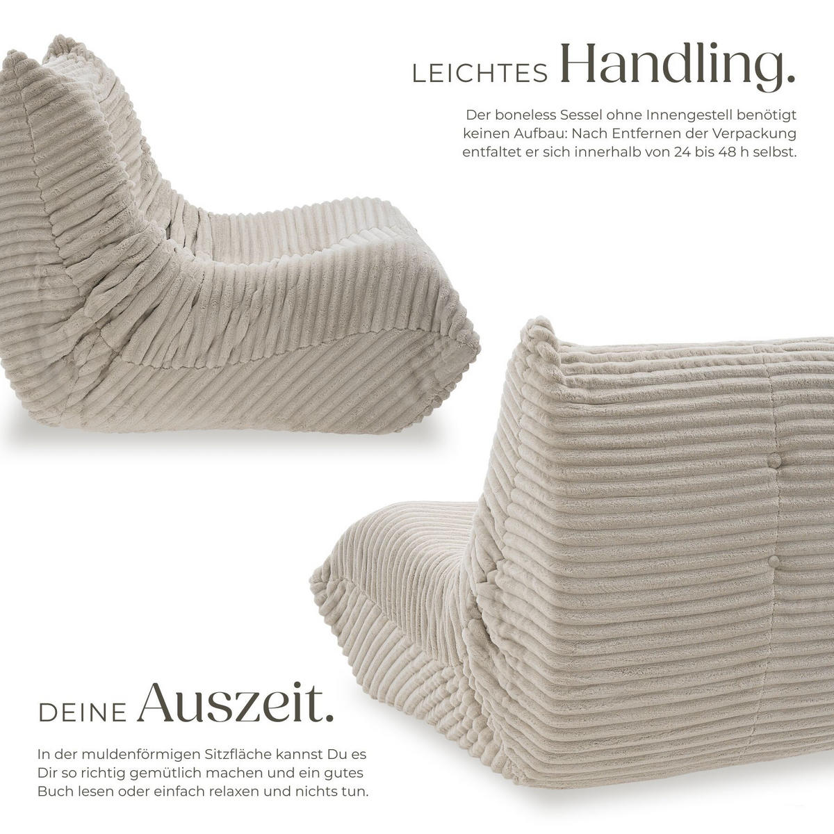 RELAXSESSEL Logo, 95 x 100 x 75 cm, Samtcord beige - Beige, Textil (95/75/100cm) - tectake