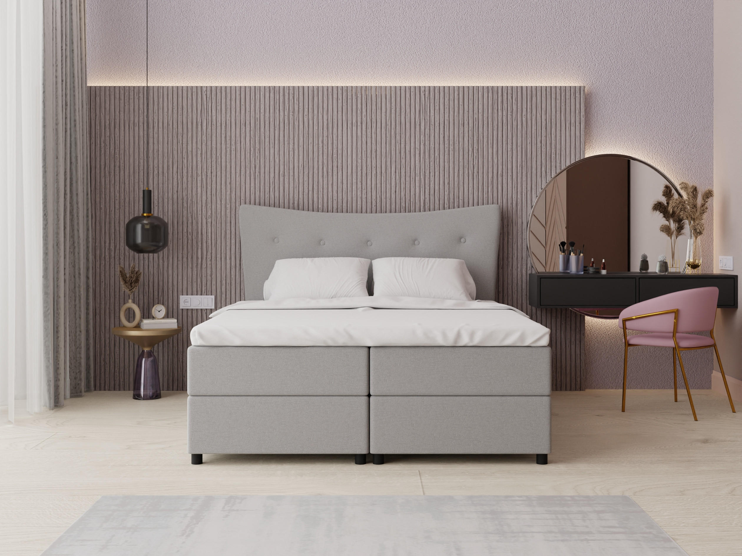 BOXBETT Nevada 160 x 200 cm Doppelbett mit hochwertiger Bonell-Matratze und Topper - hellgrau - Hellgrau, Holz (160/200cm) - Panda Möbel