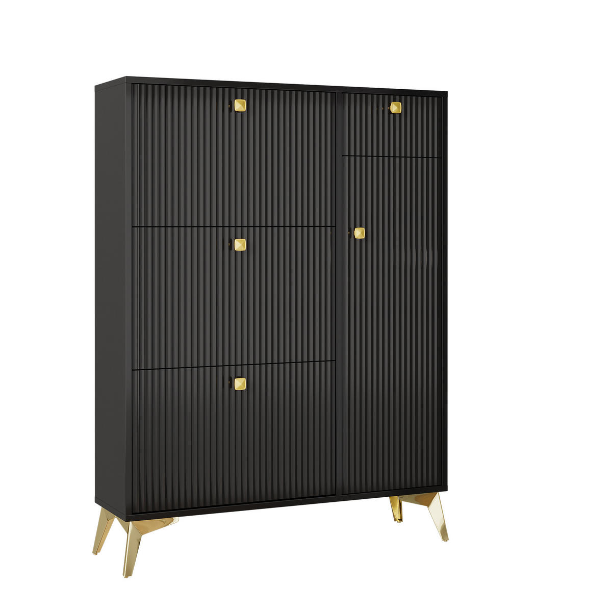 SCHUHSCHRANK Schwarz 3 Klappen Schublade Tür 90x25x121cm - Schwarz, Holzwerkstoff (25/121/90cm) - FLIEKS