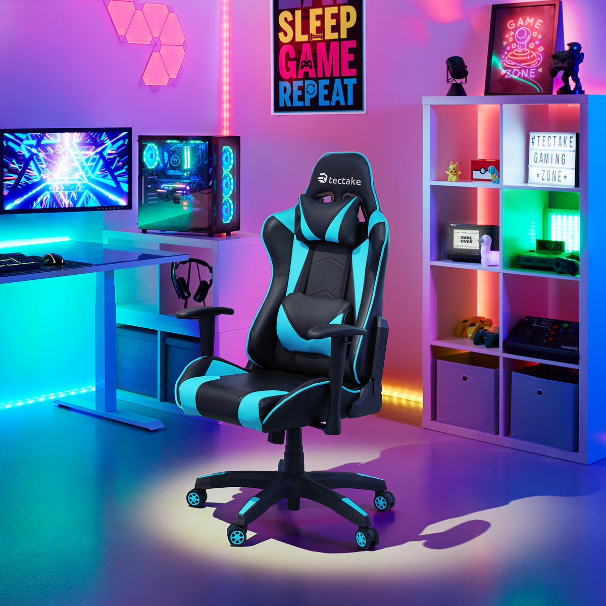RACING-GAMINGSTUHL Twink,Belastbarkeit 120 kg,schwarz/azur - Schwarz/Hellblau, Textil (68/125/69cm) - tectake