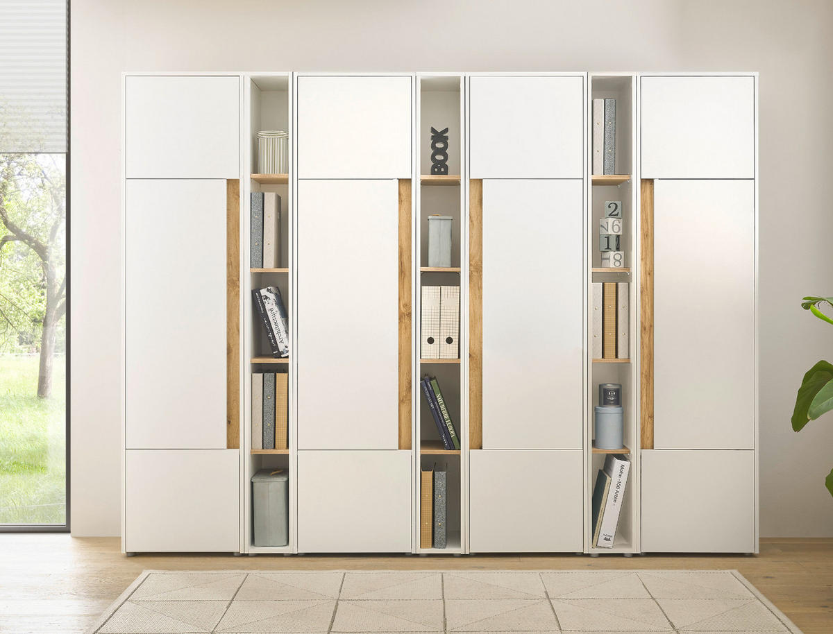 AKTENSCHRANK Set 7-teilig weiß matt, Eiche Wotan 260 x 200 cm, Schrank-Regal-Kombination mit 35 Fächern - Eichefarben/Silberfarben, Holzwerkstoff/Kunststoff (260/200/40cm) - Furn.Design