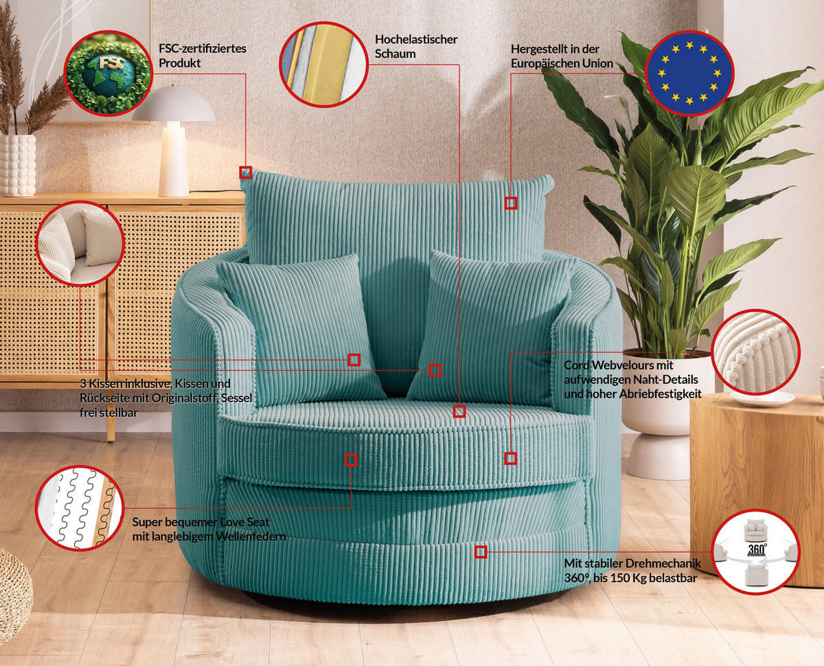 DREHSESSEL Ted aus Türkis Cord-Stoff - Türkis/Schwarz, Holz/Textil (107/94/100cm) - S-Style Möbel