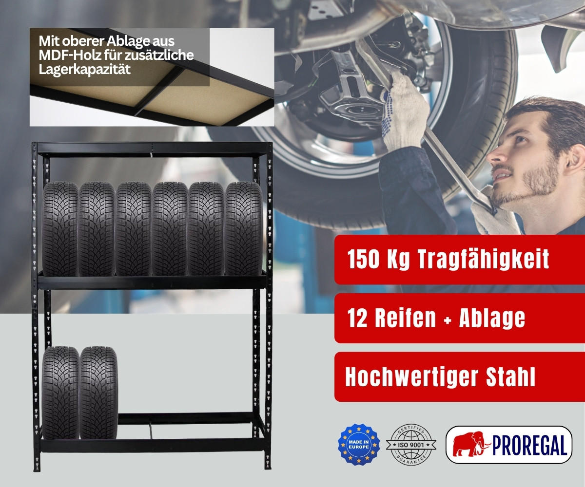 REIFENREGAL Tiger 180x130x50 cm bis zu 12 Reifen auf 2 Ebenen + Ablage Schwarz - Schwarz, Metall (130/180/50cm) - PROREGAL