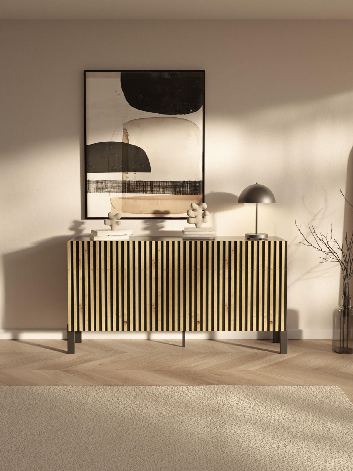 SIDEBOARD Telire 3-türig Schwarz / Artisan Eiche-Optik, 154 cm - Eichefarben/Schwarz, Holzwerkstoff/Metall (154/80.4/34cm) - Selsey